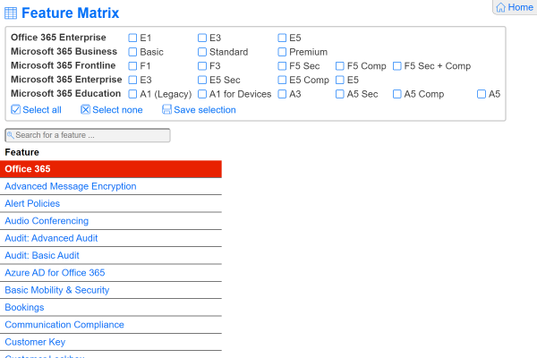 Feature matrix screenshot